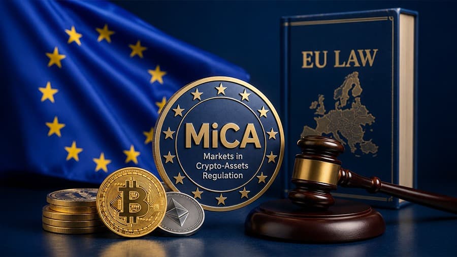 EN MiCA Explained: Illustration of the European crypto regulation featuring the EU flag, cryptocurrencies and symbols representing security, transparency and compliance.